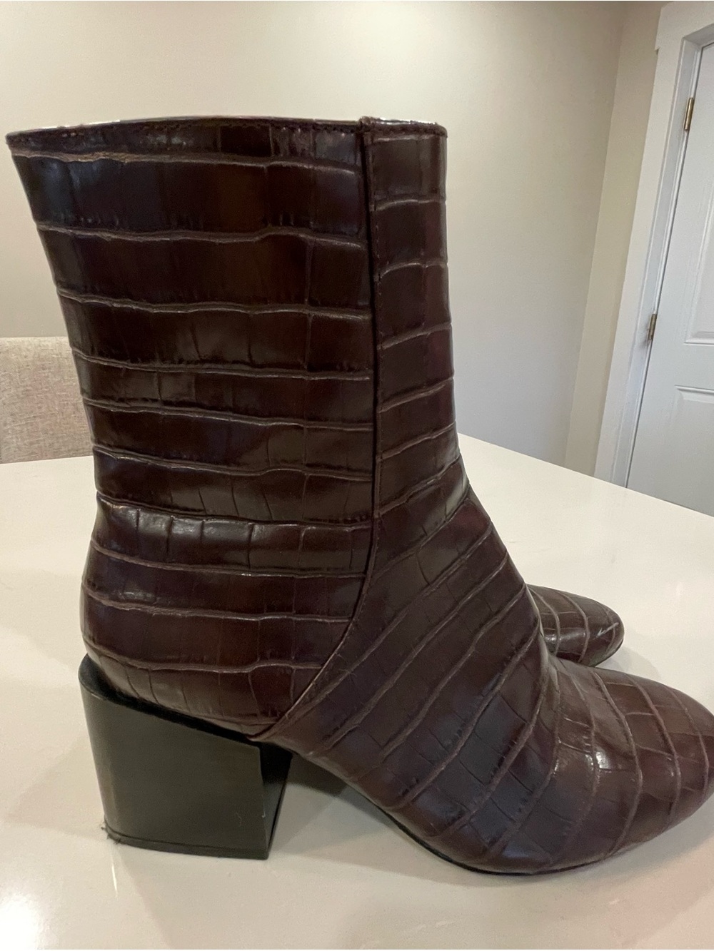 Zara Croc-Embossed Mid-Block Ankle Boots - Dark Brown